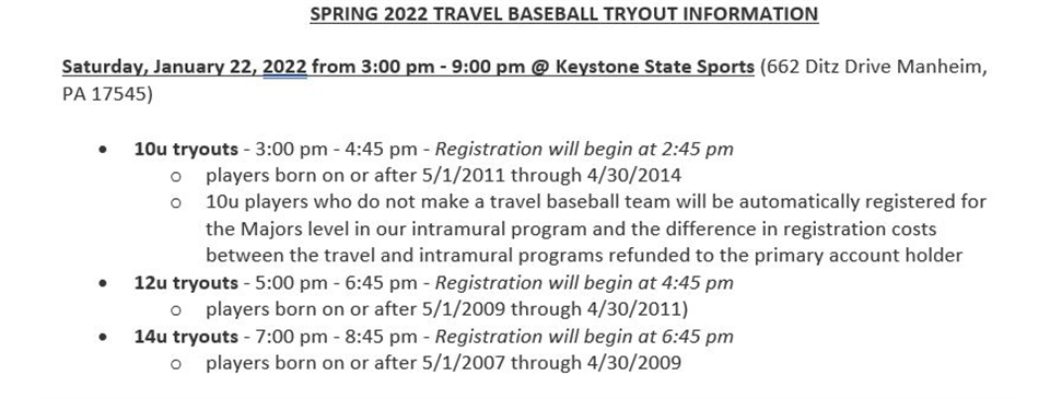 Spring 2022 Travel Baseball - Jan 22 Tryout Info