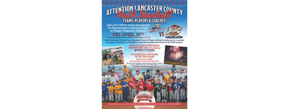 Lancaster Barnstormers Youth Baseball Day - April 29 - CLICK IMAGE for tickets