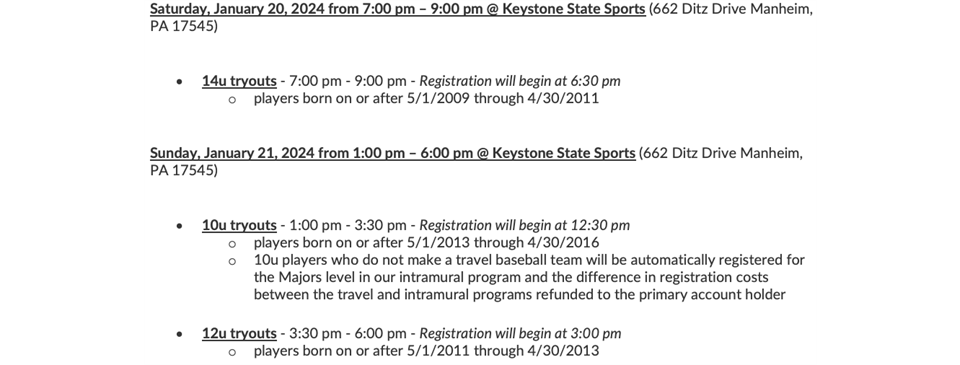 Travel Baseball Tryouts: January 20 & January 21 Tryout Information